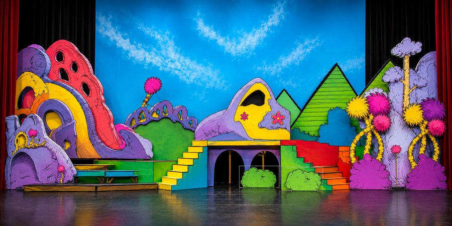 The Seussical set under stage light, Rexburg Community Theatre